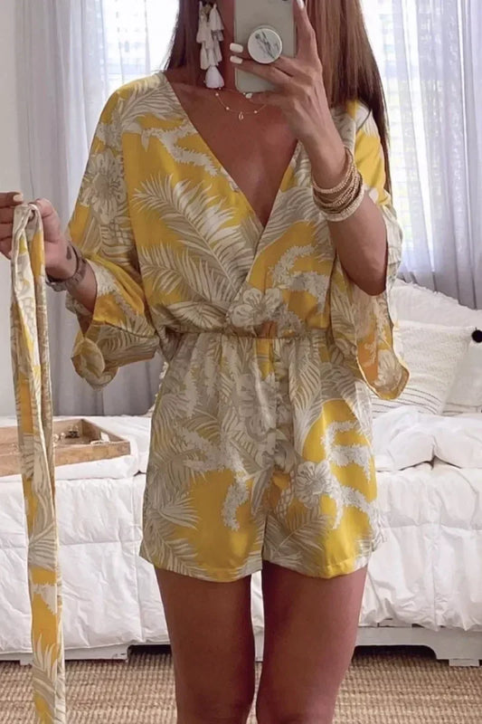 Margovil  Wrap V Neck Tie Knot Leaf Print Batwing Romper