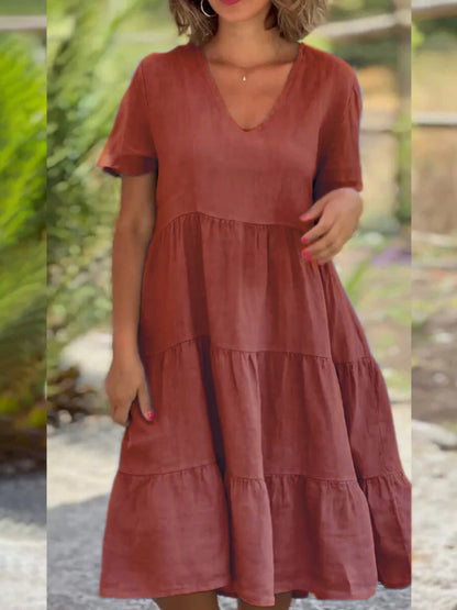 V-neck Large Skirt Short Sleeves Mini&Short Dresses