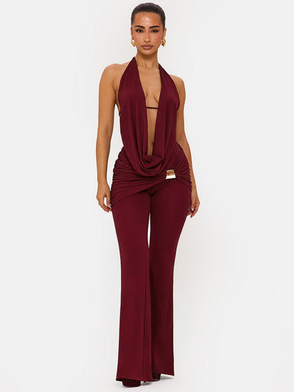 Halter Neck Collar Backless Tie-up Top Metal Buckle Flared Trousers 2-piece Sets