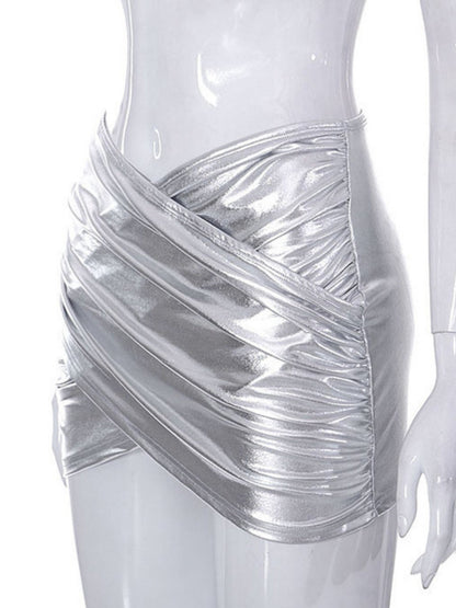 PVC Glossy Patent Leather Cross Pleats Sexy Short Skirt