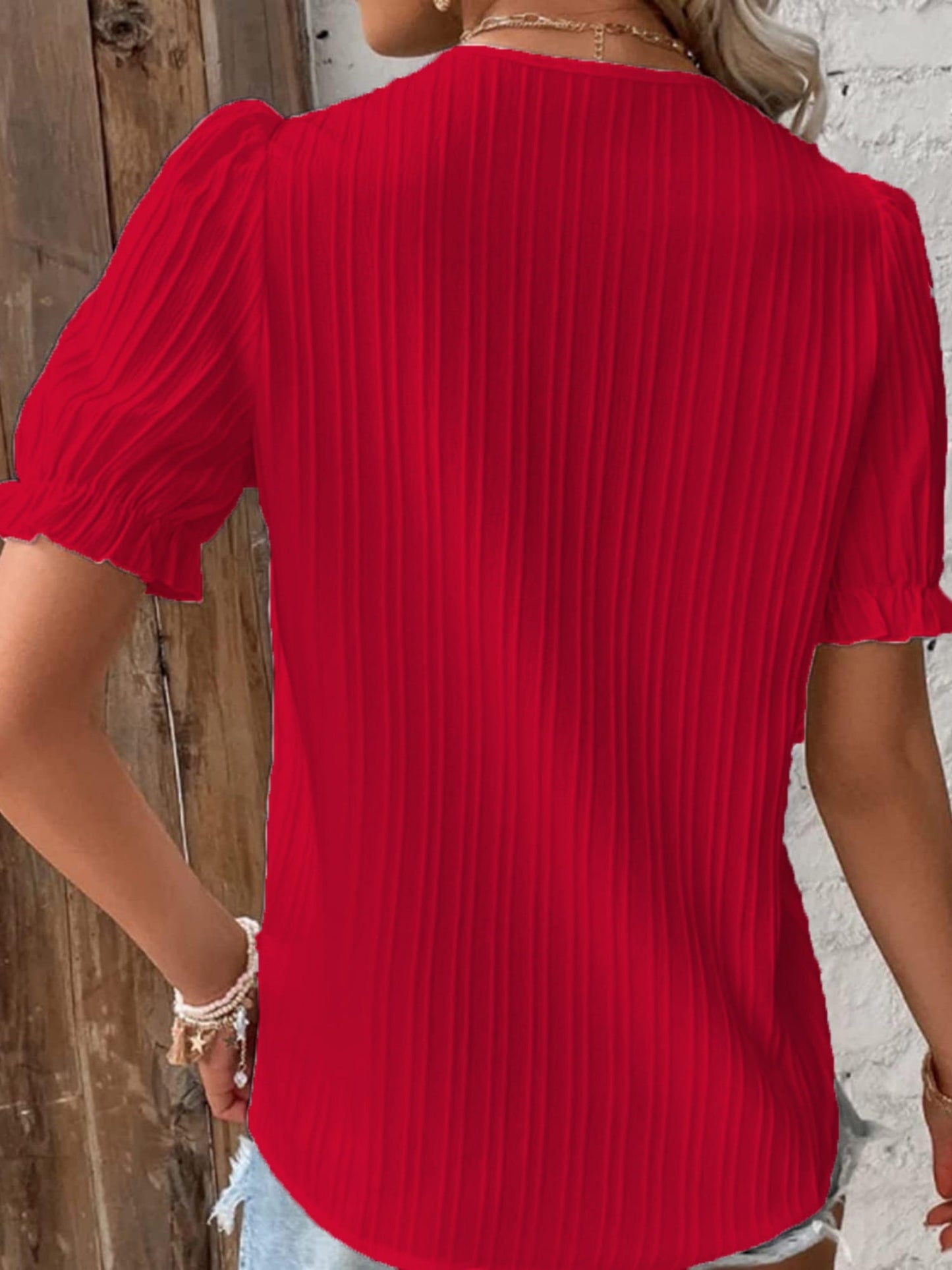 Openwork Lace Puff Sleeve V-neck Vertical Stripes T-shirts