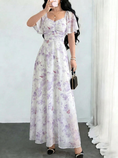 Floral Lotus Leaf Sleeves Sweetheart Collar Vacation And Leisure Maxi Dresses