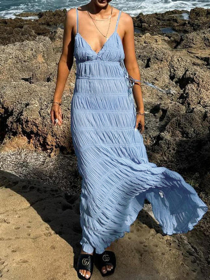 Pleated V-neck Camisoles Maxi Dresses
