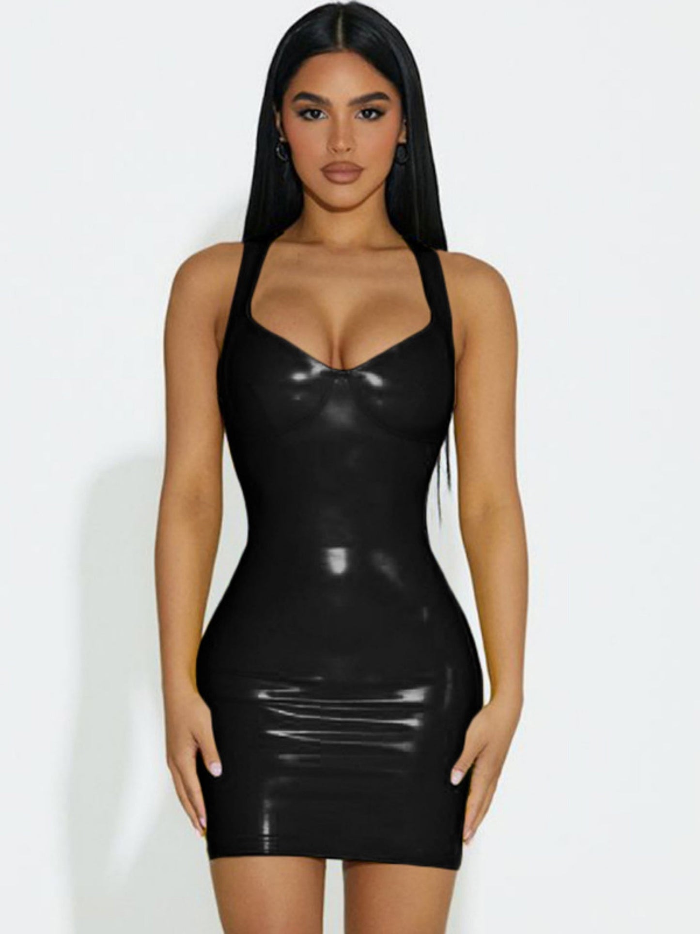 PU Glossy Leather Waist-cinching And Hip-hugging Camisoles Mini&Short Dresses
