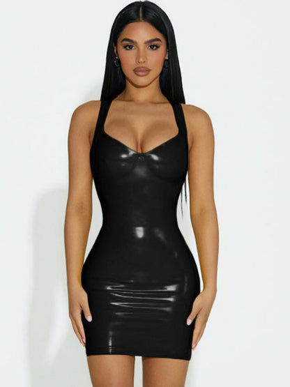 PU Glossy Leather Waist-cinching And Hip-hugging Camisoles Mini&Short Dresses