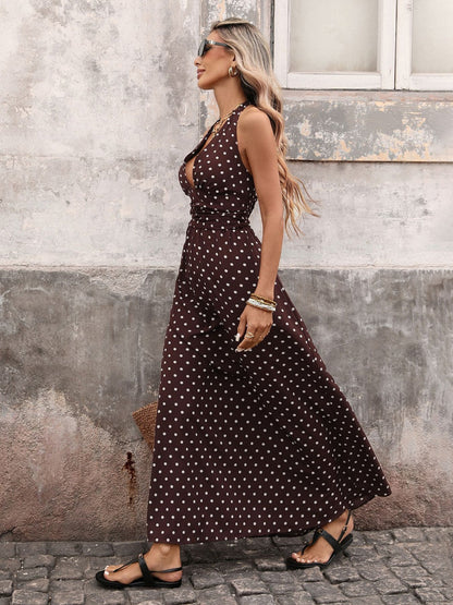 Halter V-neck Polka Dots Vacation Retro Maxi Dresses
