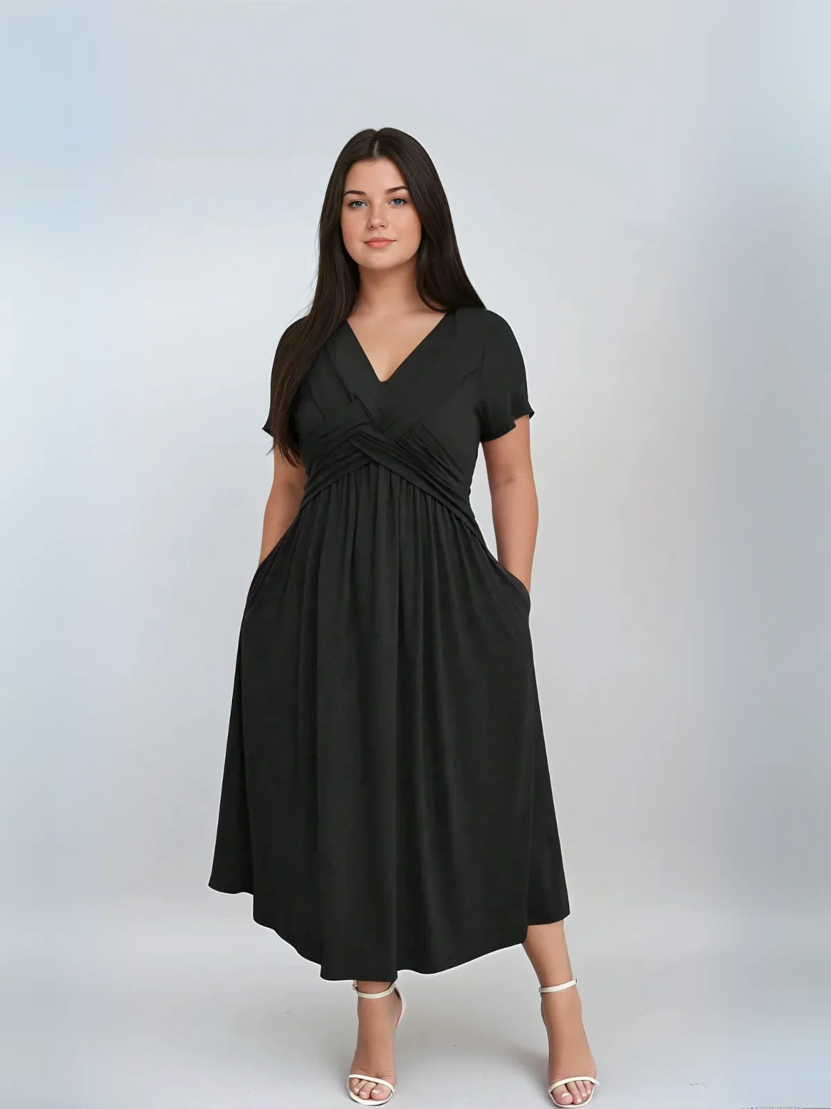 Plus Size V Neck Sundress With Pockets Cinched Waist
