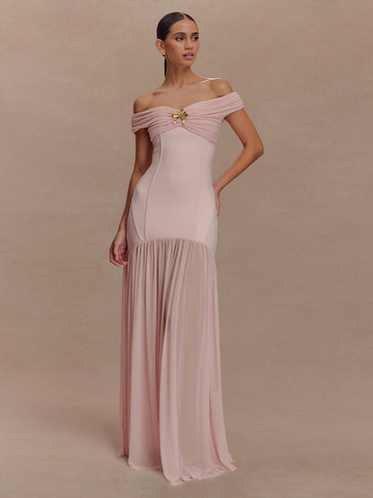 Mesh Splicing Off-shoulder Pleated Backless Maxi Dresses