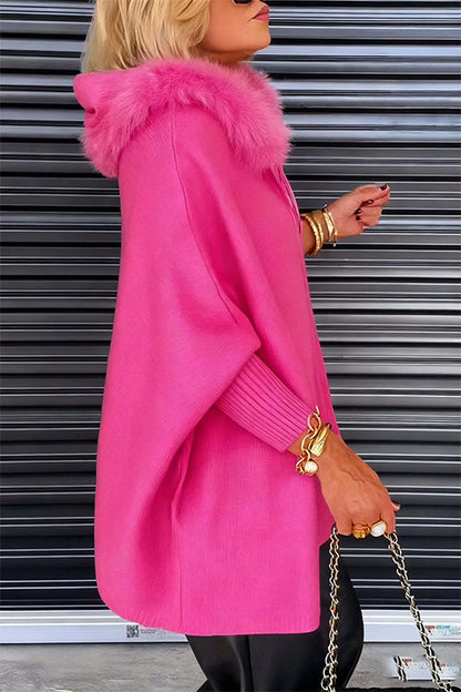 Margovil Dolman Sleeves Zipper Up Pocketed Jacket with Faux Fur Hood