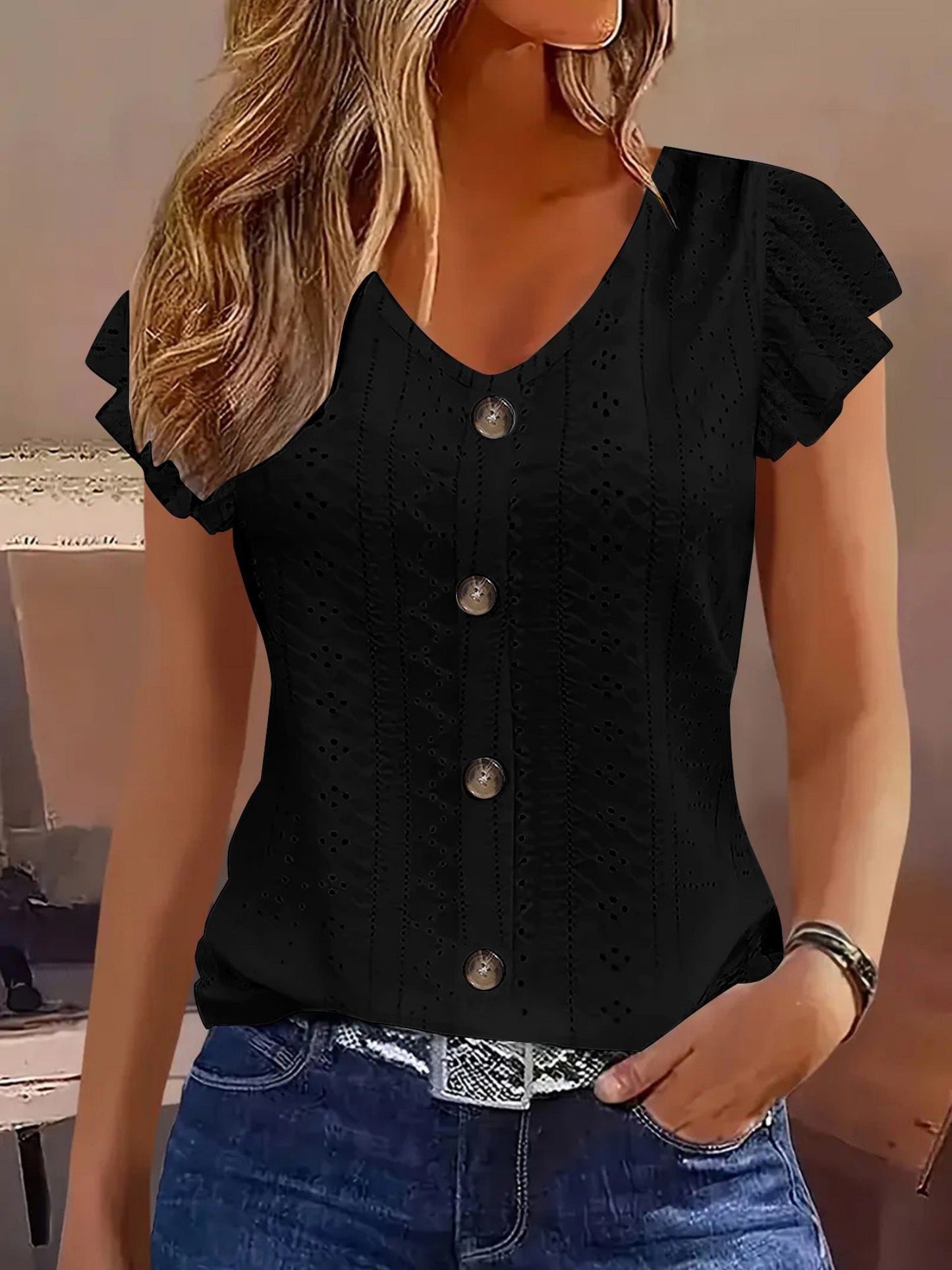 Jacquard Hollow Out Lotus Leaf Sleeves Buttons Crew Neck T-shirts