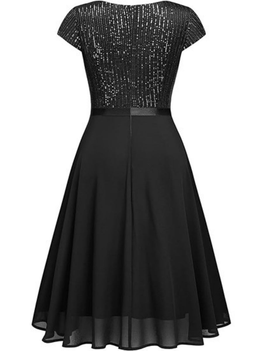 Crew Neck Sequins Chiffon Splicing Evening Dress Mini&Short Dresses