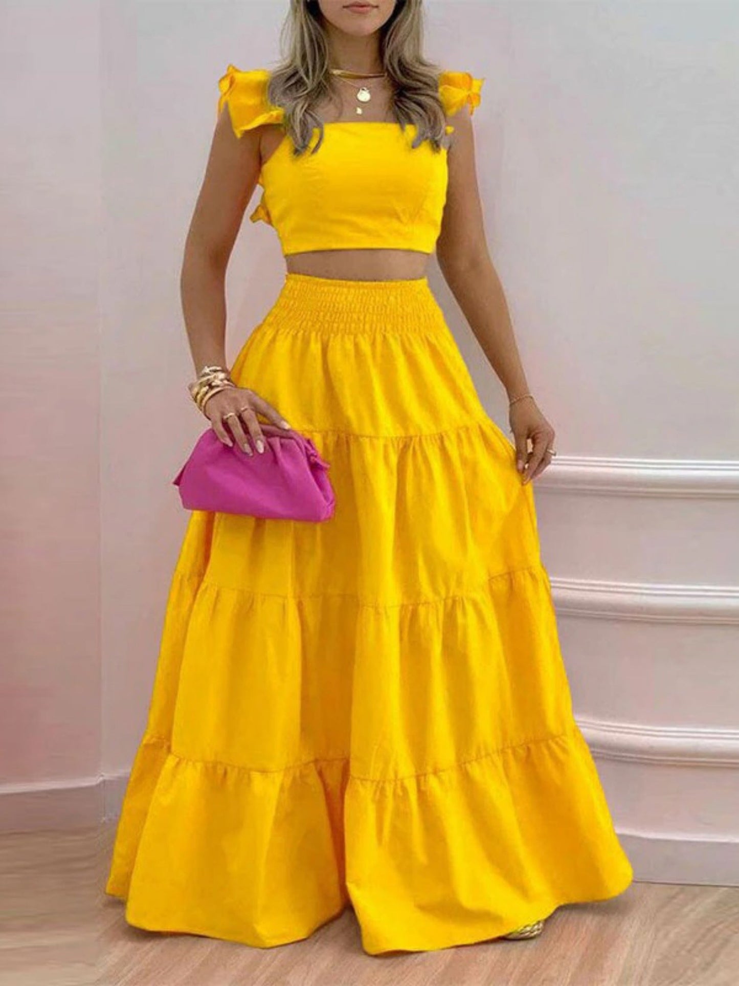 Tank Top Pleated Multi-layered Midi Skirt 2-piece Sets
