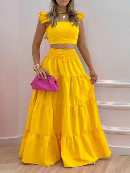 Tank Top Pleated Multi-layered Midi Skirt 2-piece Sets