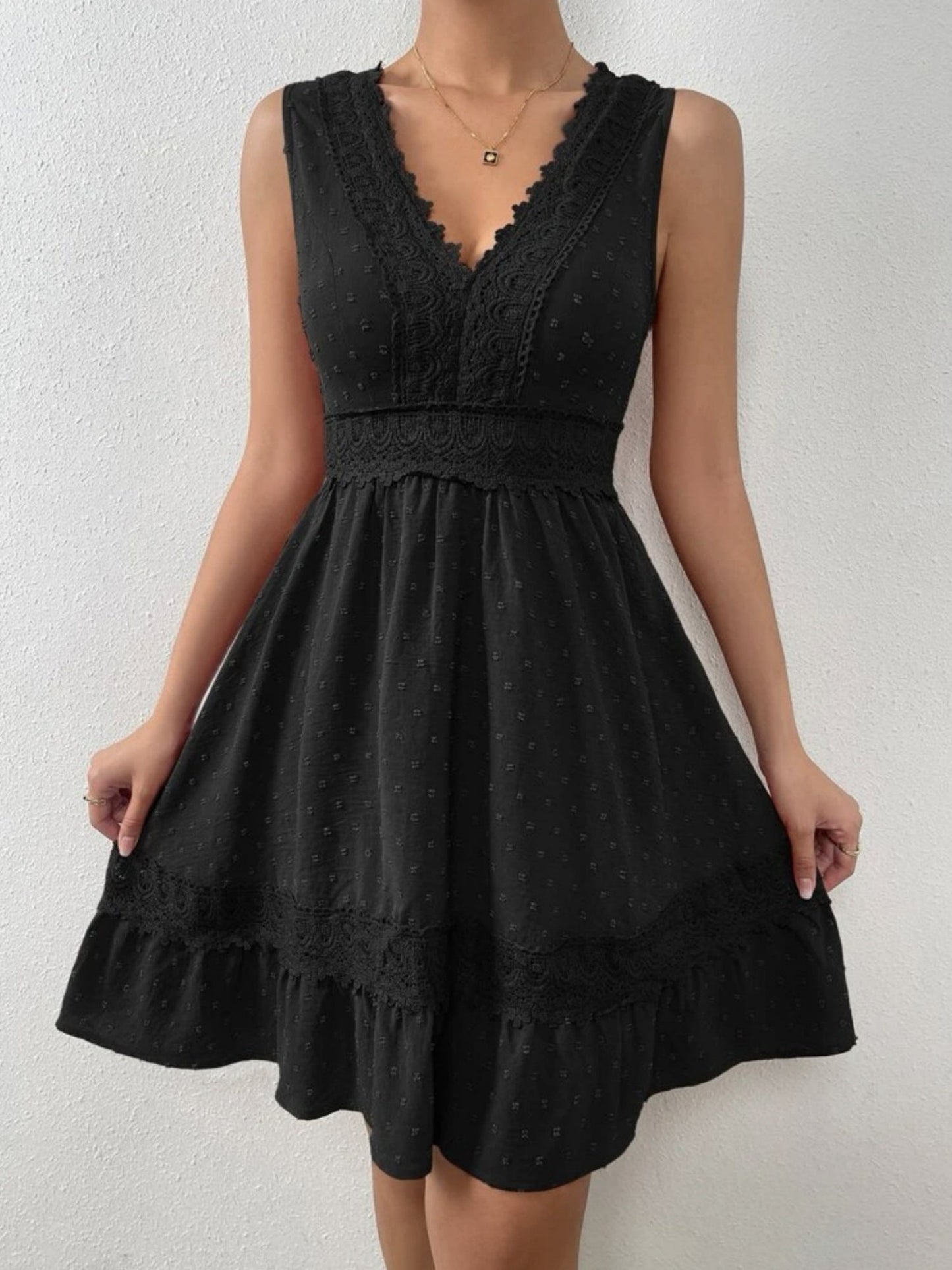Lace Patchwork Hollow Out Backless Strappy V-neck Sleeveless Mini&Short Dresses