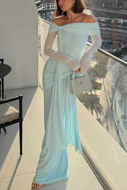 Margovil Off Shoulder Long Sleeves Knot Waist Draped Maxi Dress