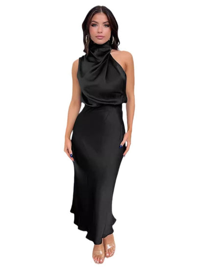 Satin Sleeveless Solid Color Halter Neck Long Dress