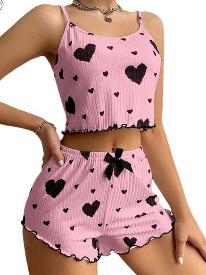 Heart Print Suspender Shorts Pajama Set