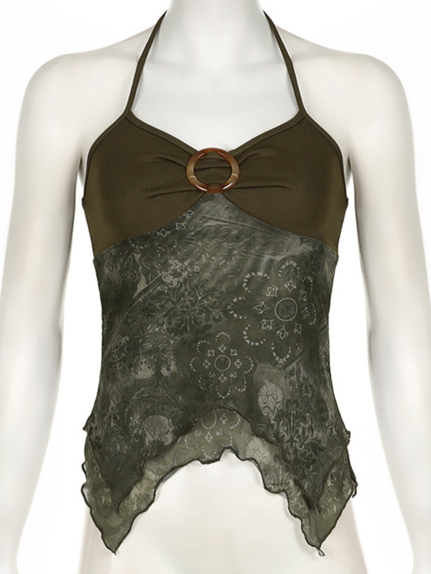 Metal Buckle Pleated Halter Neck And Backless Tank Top