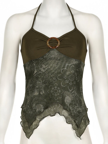 Metal Buckle Pleated Halter Neck And Backless Tank Top