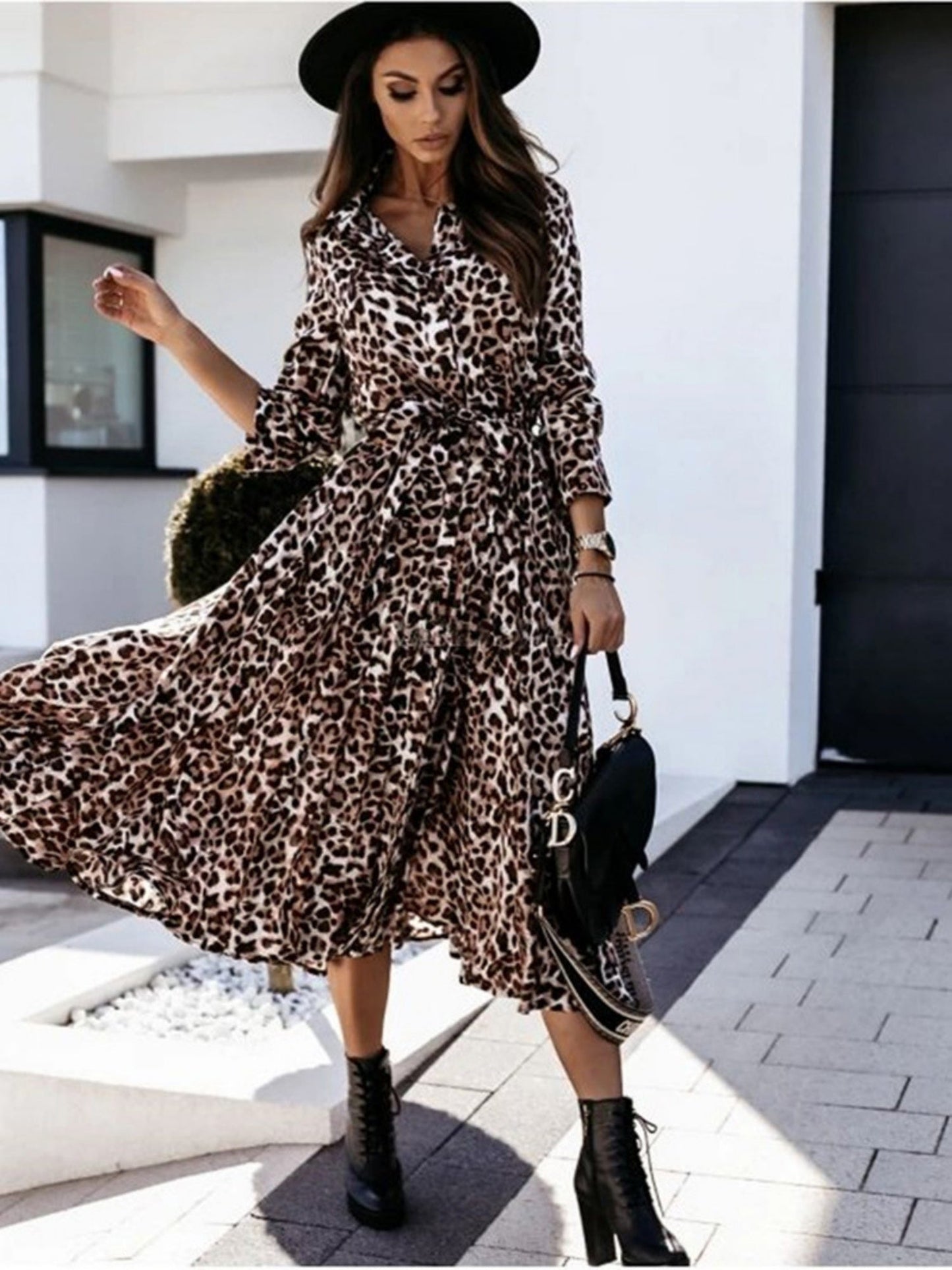 Leopard Print Long Sleeves Large Skirt Maxi Dresses