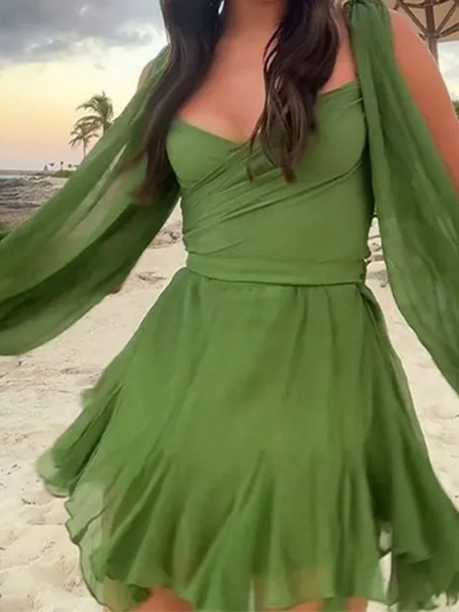 V-neck Solid Color Sexy Pleated Short Dress