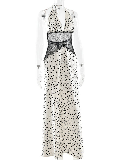 Polka Dots Lace Patchwork Halter Neck Deep V-neck Backless Maxi Dresses