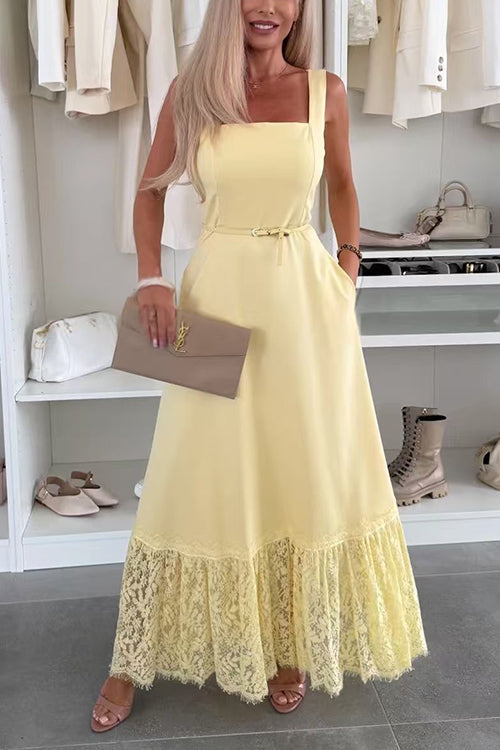 Square Neck Sleeveless Lace Splice Maxi Dress