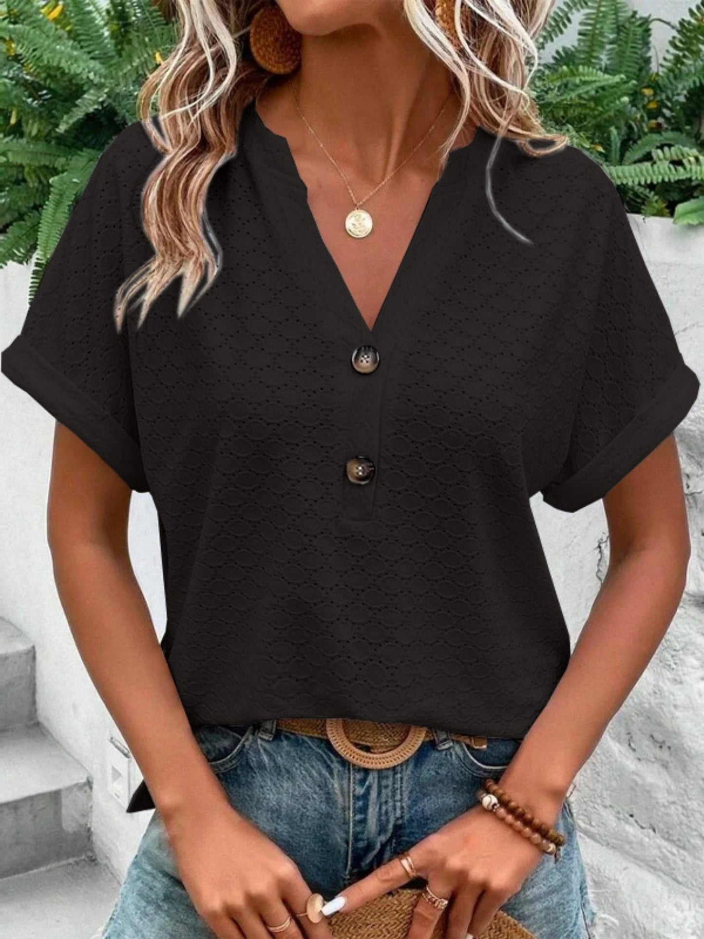 Knitting Buttons V-neck Short Sleeve T-shirts