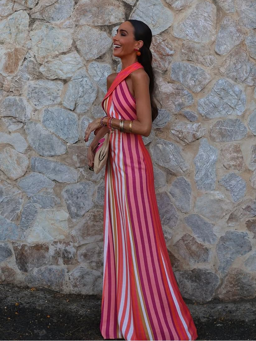 Cross Halter Neck Vertical Stripe Bodycon Midi Dress