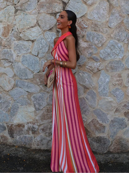 Cross Halter Neck Vertical Stripe Bodycon Midi Dress
