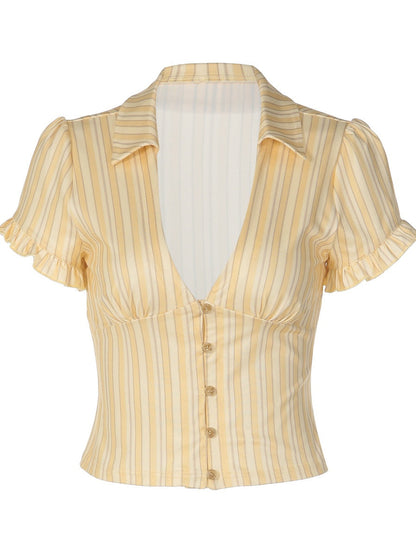 Retro Buttons Stripes Sexy Shirts