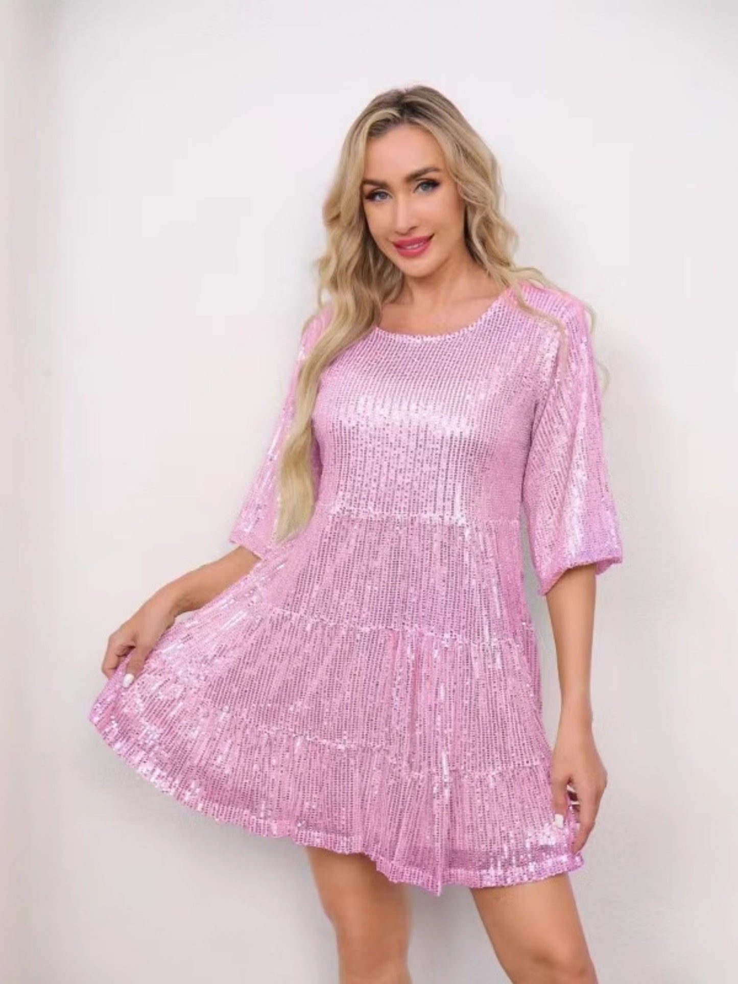 Sequins Pleated Multi-story Crew Neck Short Sleeve Mini&Short Dresses