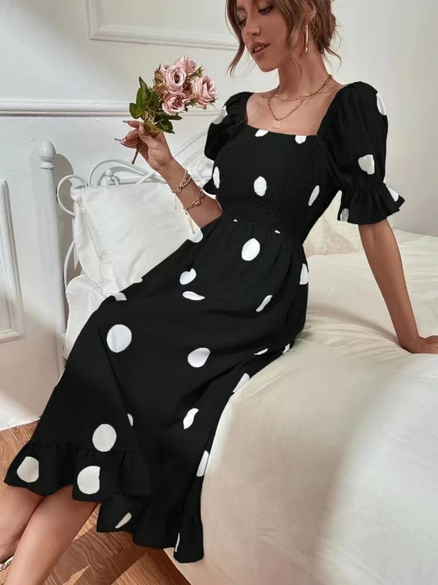 Square Collar Polka Dots Short Sleeve Ruffle Vacation And Leisure Maxi Dresses