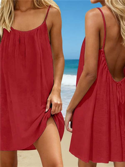 Ice Silk Pleated Solid Color Ruched Backless Short Dress