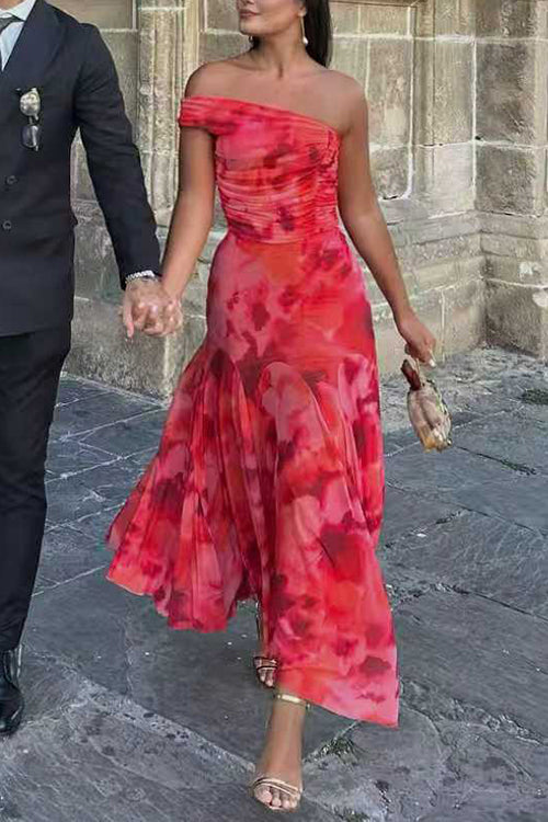 Off Shoulder Ruched Crop Top High Rise Maxi Skirt Printed Set