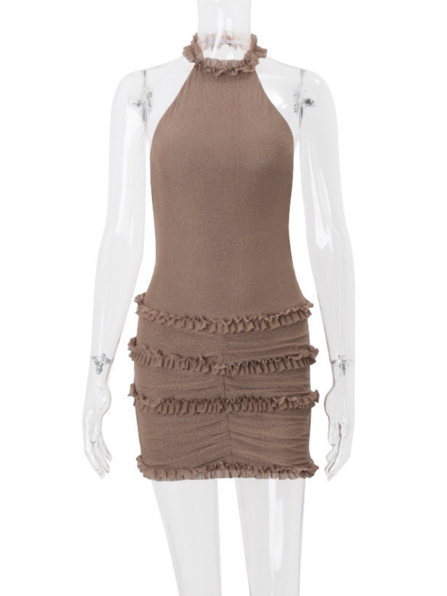 Sequins Mesh See-through Halter Neck And Backless Hip Wrap Mini&Short Dresses