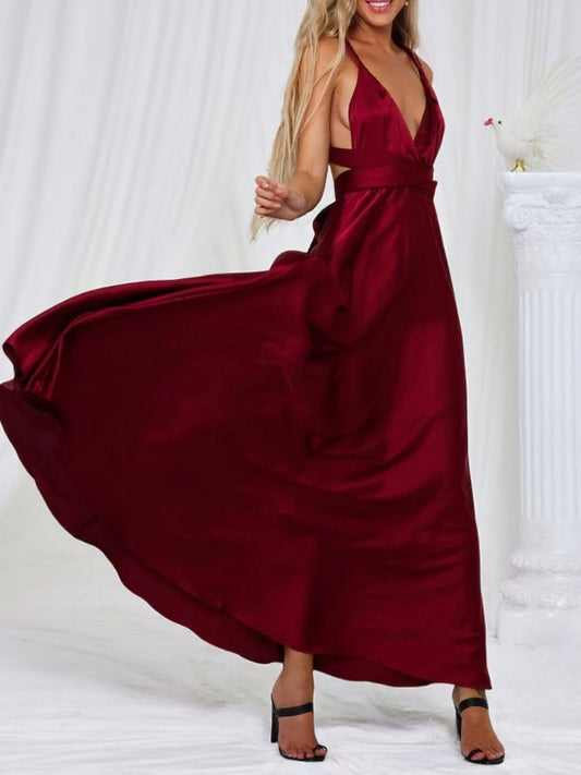 V-neck Satin Ribbon Long Skirt Parties Maxi Dresses