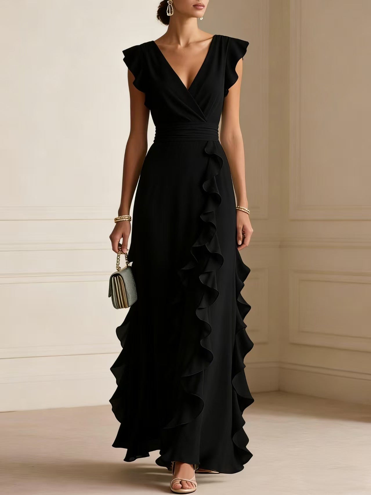 Solid Color Pleated Short Sleeve V-neck Chiffon Long Dress