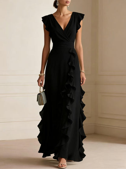 Solid Color Pleated Short Sleeve V-neck Chiffon Long Dress
