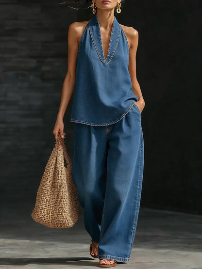 Vintage Distressed Washed Denim Sleeveless Top And Loose-fitting Trousers Two-piece Set