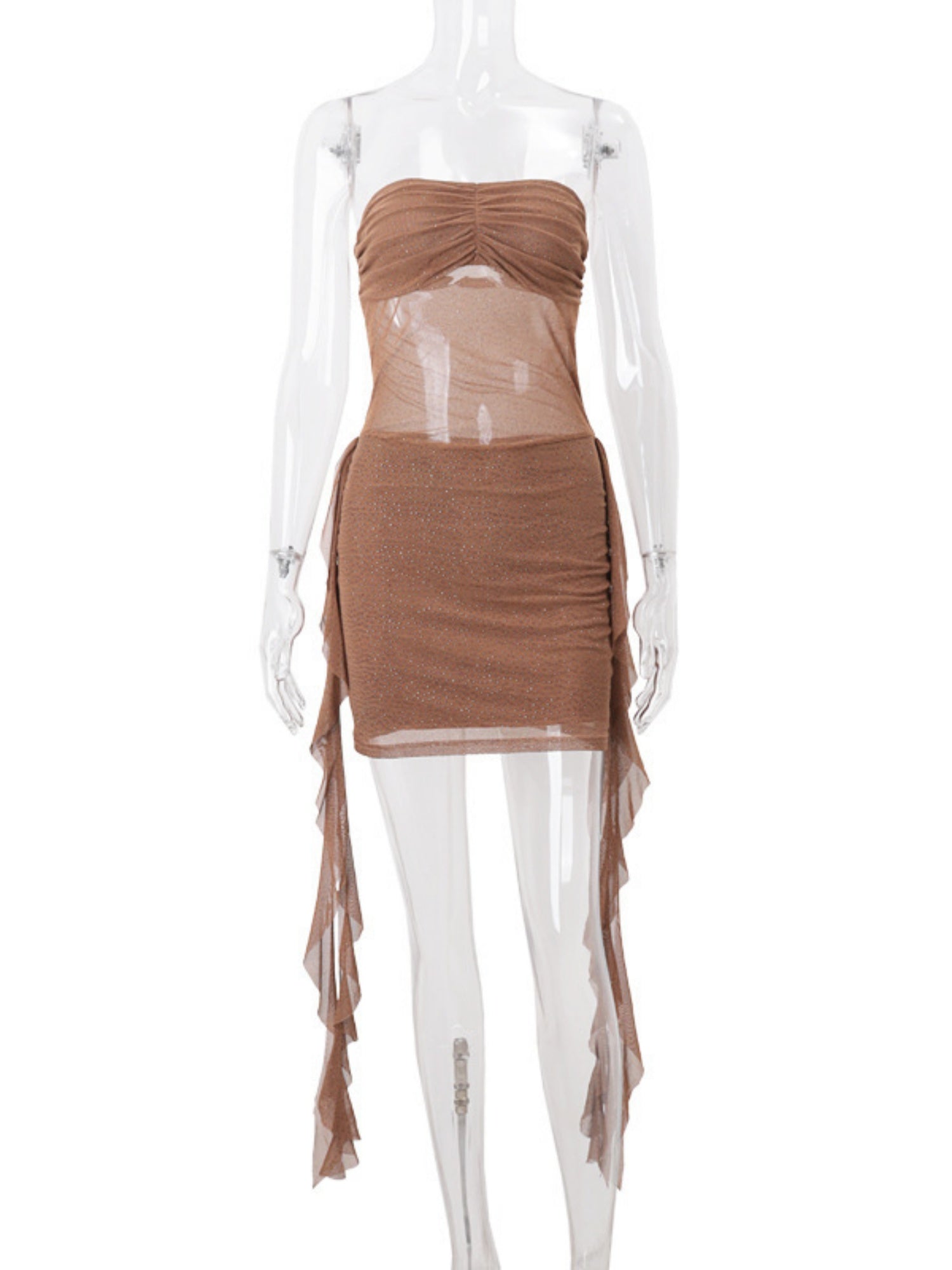 Rhinestone-studded Mesh See-through Strapless Ribbon Hip Wrap Mini&Short Dresses