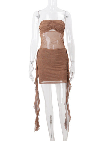 Rhinestone-studded Mesh See-through Strapless Ribbon Hip Wrap Mini&Short Dresses