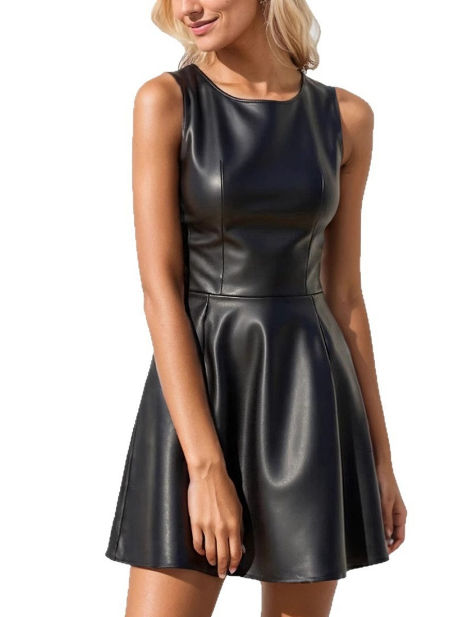 Crew Neck Sleeveless Waist PU Leather Mini&Short Dresses