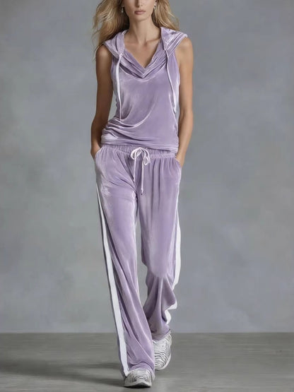 Sleeveless Sporty Casual Comfortable Hooded Velvet Two-Piece Set