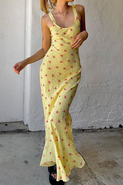 Scoop Neck Tank Strap Ditsy Floral Satin Slip Maxi Dress