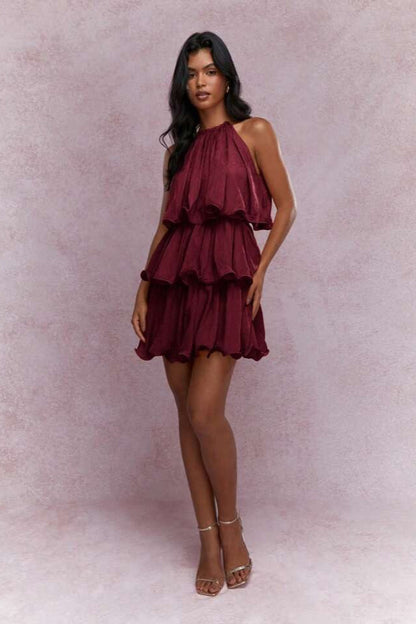 Halter Neck Tiered Ruffle Sleeveless Mini Dress