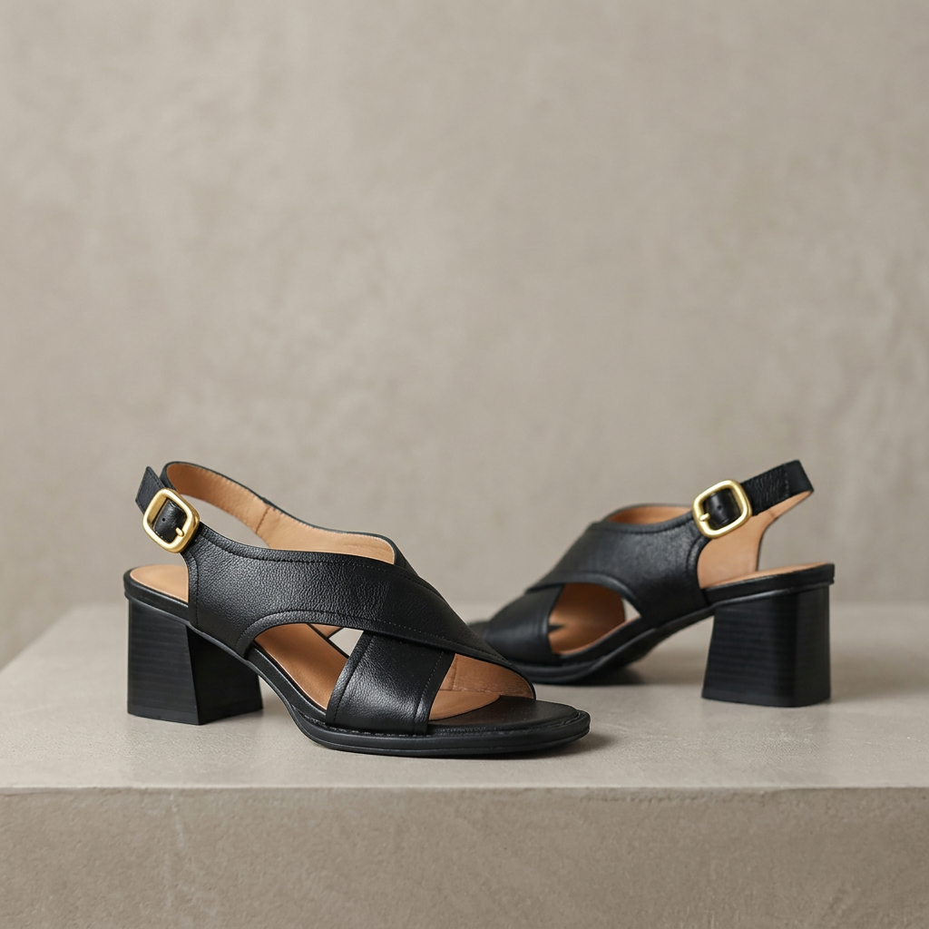 Women's Open-Toe Block Heel Leather Sandals