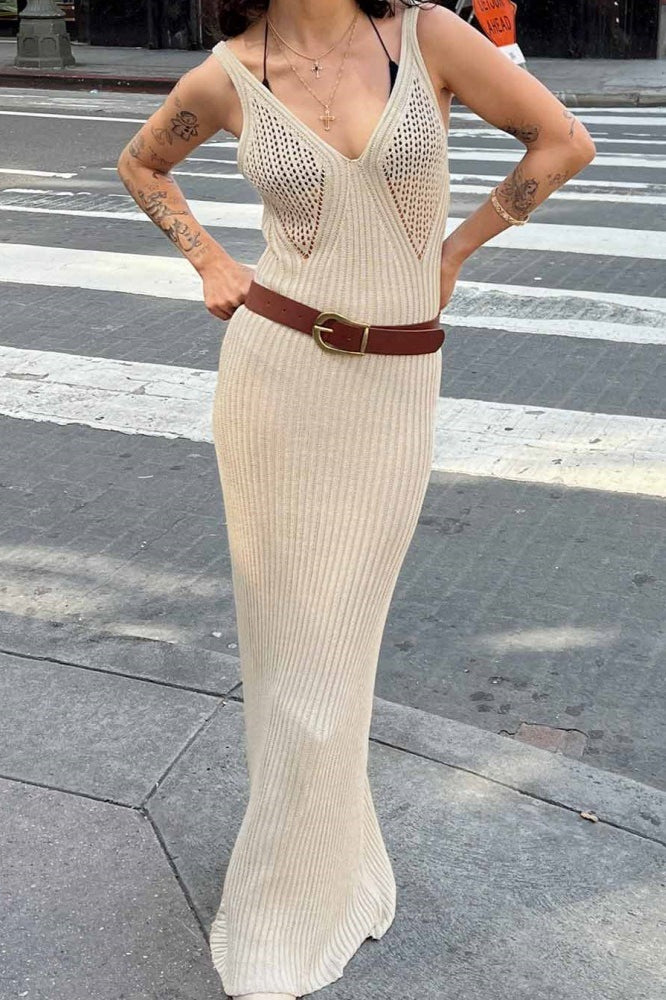Deep V Neck Crochet Chest Panel Rib Knit Bodycon Belted Maxi Dress
