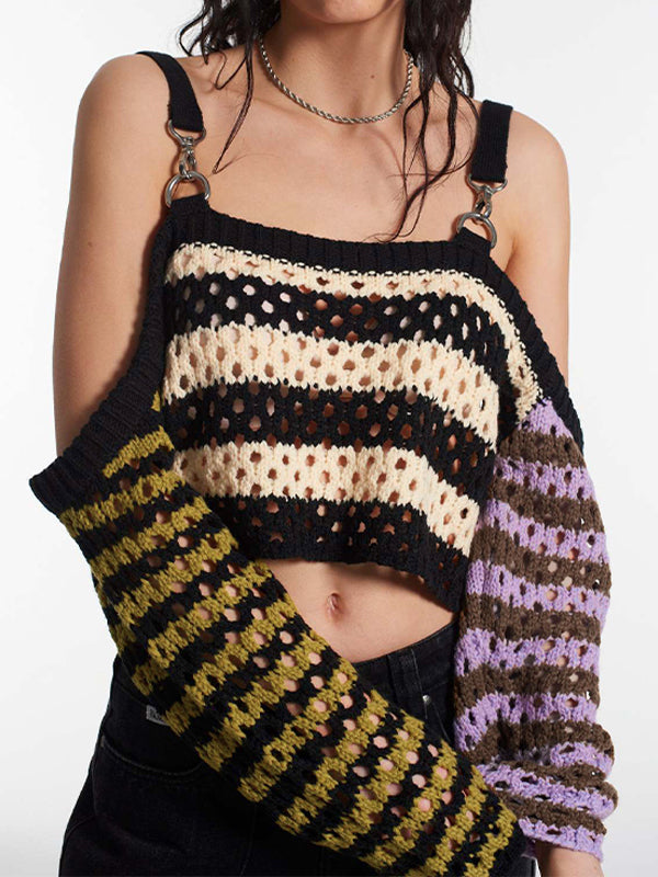 Cutout Contrast Color Splice Buckle Strap Crochet Top