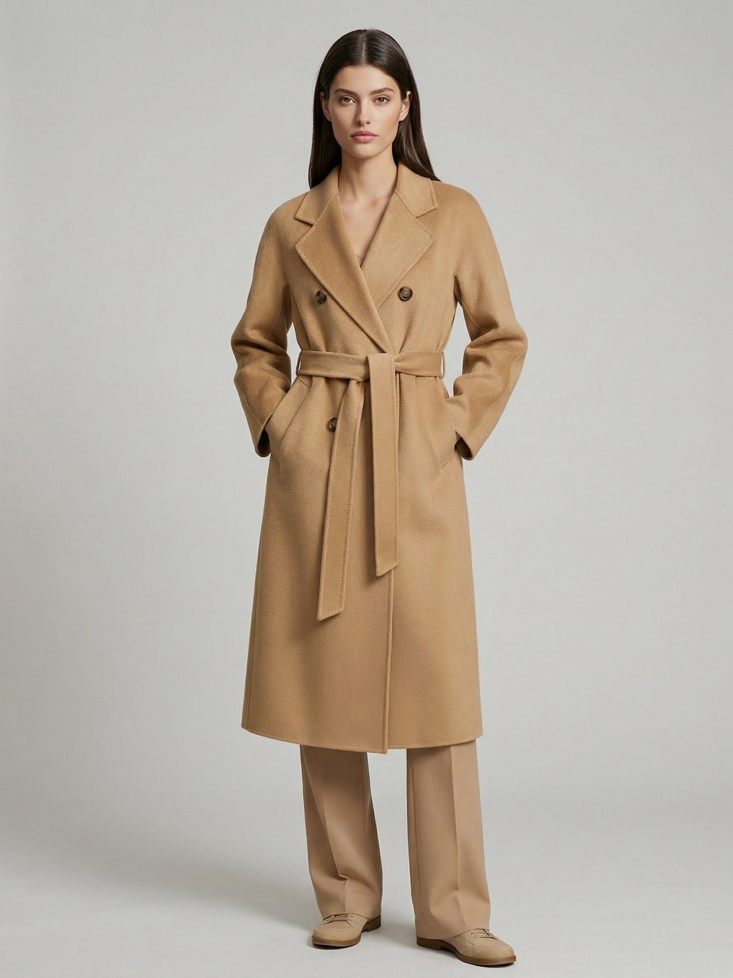 Wool Cashmere Blend Vintage A-line Coat With Classic Lapel And Belt For Women 2026